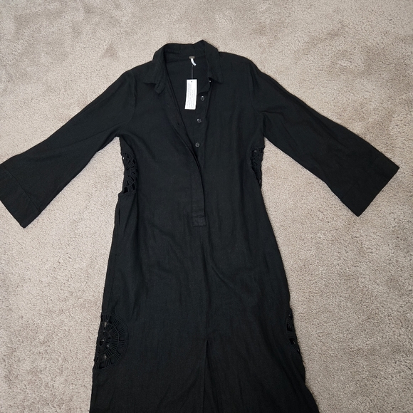 YF&B Maxi Black Dress Small Crochet Details Linen Caftan NWT Emo Whimsical Fairy - Picture 11 of 16